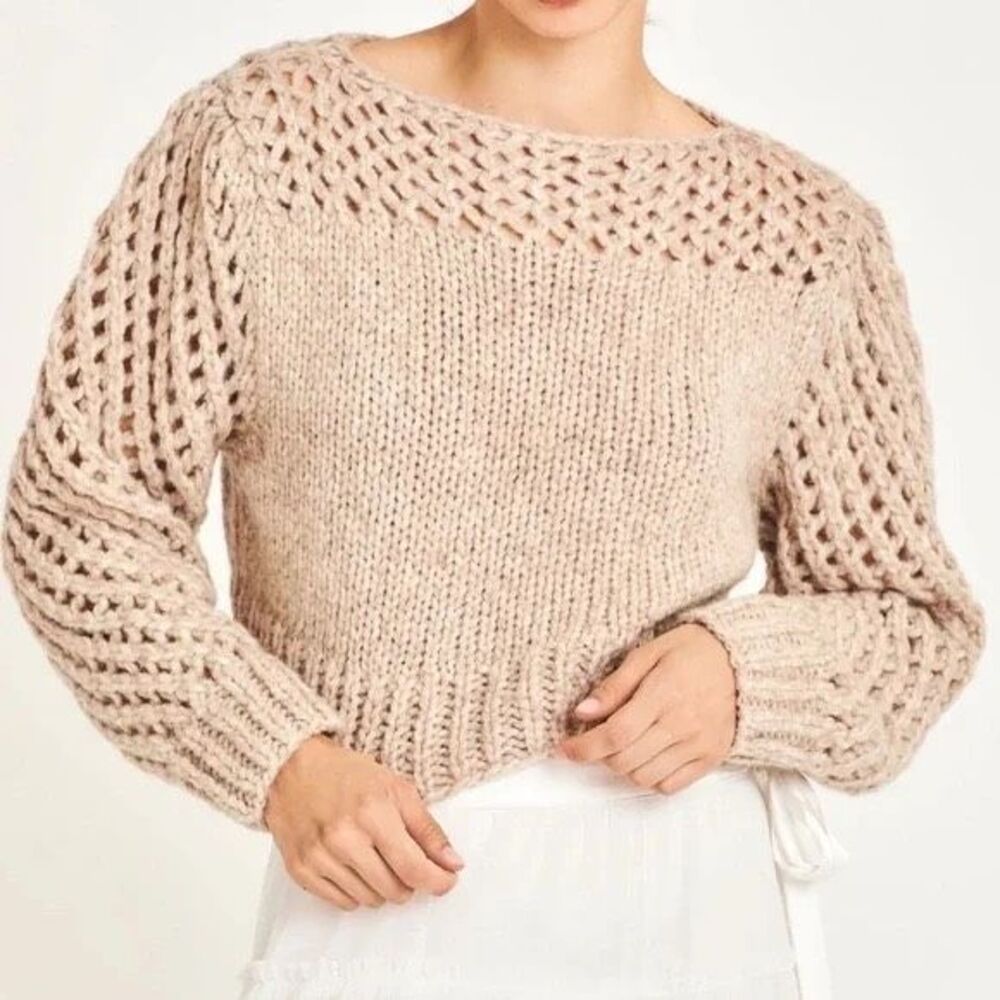 LoveShackFancy Larson Baby Alpaca Blend Cropped Sweater Size XL Chunky Knit Tan